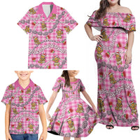 Pink Palaka Hawaii Mele Kalikimaka Family Matching Off Shoulder Maxi Dress and Hawaiian Shirt Ohia Lehua Shell Leis Funny Gingerbread Santa - Polynesian Pride