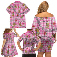 Pink Palaka Hawaii Mele Kalikimaka Family Matching Off Shoulder Short Dress and Hawaiian Shirt Ohia Lehua Shell Leis Funny Gingerbread Santa - Polynesian Pride