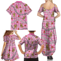 Pink Palaka Hawaii Mele Kalikimaka Family Matching Summer Maxi Dress and Hawaiian Shirt Ohia Lehua Shell Leis Funny Gingerbread Santa - Polynesian Pride
