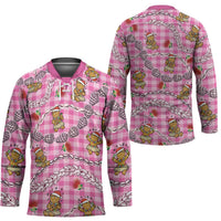 Pink Palaka Hawaii Mele Kalikimaka Hockey Jersey Ohia Lehua Shell Leis Funny Gingerbread Santa - Polynesian Pride