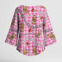 Pink Palaka Hawaii Mele Kalikimaka Kimono Sleeve Blouse Ohia Lehua Shell Leis Funny Gingerbread Santa - Polynesian Pride