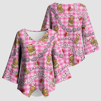 Pink Palaka Hawaii Mele Kalikimaka Kimono Sleeve Blouse Ohia Lehua Shell Leis Funny Gingerbread Santa - Polynesian Pride