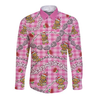 Pink Palaka Hawaii Mele Kalikimaka Long Sleeve Button Shirt Ohia Lehua Shell Leis Funny Gingerbread Santa - Polynesian Pride