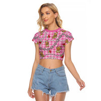 Pink Palaka Hawaii Mele Kalikimaka Raglan Cropped T Shirt Ohia Lehua Shell Leis Funny Gingerbread Santa LT14 Female Pink - Polynesian Pride