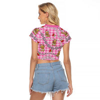Pink Palaka Hawaii Mele Kalikimaka Raglan Cropped T Shirt Ohia Lehua Shell Leis Funny Gingerbread Santa LT14 - Polynesian Pride