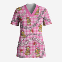 Pink Palaka Hawaii Mele Kalikimaka Scrub Top Ohia Lehua Shell Leis Funny Gingerbread Santa - Polynesian Pride