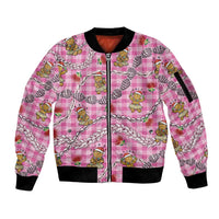 Pink Palaka Hawaii Mele Kalikimaka Sleeve Zip Bomber Jacket Ohia Lehua Shell Leis Funny Gingerbread Santa - Polynesian Pride