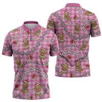 Pink Palaka Hawaii Mele Kalikimaka Zipper Polo Shirt Ohia Lehua Shell Leis Funny Gingerbread Santa - Polynesian Pride