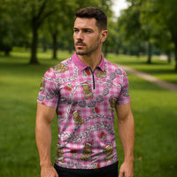 Pink Palaka Hawaii Mele Kalikimaka Zipper Polo Shirt Ohia Lehua Shell Leis Funny Gingerbread Santa - Polynesian Pride