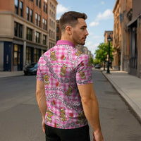 Pink Palaka Hawaii Mele Kalikimaka Zipper Polo Shirt Ohia Lehua Shell Leis Funny Gingerbread Santa - Polynesian Pride