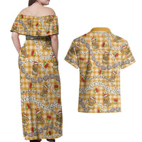 Gold Palaka Hawaii Mele Kalikimaka Couples Matching Off Shoulder Maxi Dress and Hawaiian Shirt Ohia Lehua Shell Leis Funny Gingerbread Santa - Polynesian Pride