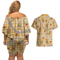 Gold Palaka Hawaii Mele Kalikimaka Couples Matching Off Shoulder Short Dress and Hawaiian Shirt Ohia Lehua Shell Leis Funny Gingerbread Santa - Polynesian Pride