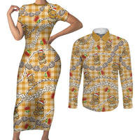 Gold Palaka Hawaii Mele Kalikimaka Couples Matching Short Sleeve Bodycon Dress and Long Sleeve Button Shirt Ohia Lehua Shell Leis Funny Gingerbread Santa LT14 Gold - Polynesian Pride