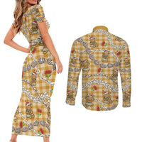 Gold Palaka Hawaii Mele Kalikimaka Couples Matching Short Sleeve Bodycon Dress and Long Sleeve Button Shirt Ohia Lehua Shell Leis Funny Gingerbread Santa LT14 - Polynesian Pride