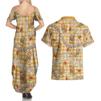 Gold Palaka Hawaii Mele Kalikimaka Couples Matching Summer Maxi Dress and Hawaiian Shirt Ohia Lehua Shell Leis Funny Gingerbread Santa - Polynesian Pride