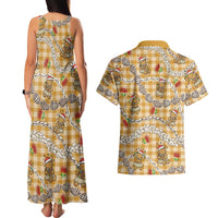 Gold Palaka Hawaii Mele Kalikimaka Couples Matching Tank Maxi Dress and Hawaiian Shirt Ohia Lehua Shell Leis Funny Gingerbread Santa - Polynesian Pride