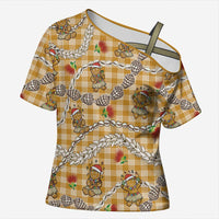 Gold Palaka Hawaii Mele Kalikimaka Cross Shoulder Shirt Ohia Lehua Shell Leis Funny Gingerbread Santa LT14 Female Gold - Polynesian Pride