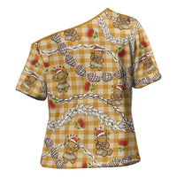Gold Palaka Hawaii Mele Kalikimaka Cross Shoulder Shirt Ohia Lehua Shell Leis Funny Gingerbread Santa LT14 - Polynesian Pride