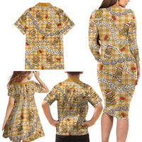 Gold Palaka Hawaii Mele Kalikimaka Family Matching Long Sleeve Bodycon Dress and Hawaiian Shirt Ohia Lehua Shell Leis Funny Gingerbread Santa - Polynesian Pride