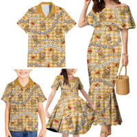 Gold Palaka Hawaii Mele Kalikimaka Family Matching Mermaid Dress and Hawaiian Shirt Ohia Lehua Shell Leis Funny Gingerbread Santa - Polynesian Pride
