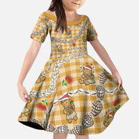 Gold Palaka Hawaii Mele Kalikimaka Family Matching Off The Shoulder Long Sleeve Dress and Hawaiian Shirt Ohia Lehua Shell Leis Funny Gingerbread Santa - Polynesian Pride