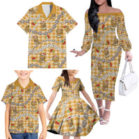 Gold Palaka Hawaii Mele Kalikimaka Family Matching Off The Shoulder Long Sleeve Dress and Hawaiian Shirt Ohia Lehua Shell Leis Funny Gingerbread Santa - Polynesian Pride