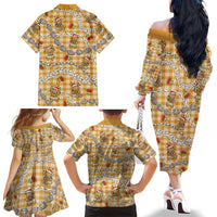 Gold Palaka Hawaii Mele Kalikimaka Family Matching Off The Shoulder Long Sleeve Dress and Hawaiian Shirt Ohia Lehua Shell Leis Funny Gingerbread Santa - Polynesian Pride
