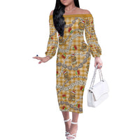 Gold Palaka Hawaii Mele Kalikimaka Family Matching Off The Shoulder Long Sleeve Dress and Hawaiian Shirt Ohia Lehua Shell Leis Funny Gingerbread Santa - Polynesian Pride