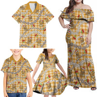 Gold Palaka Hawaii Mele Kalikimaka Family Matching Off Shoulder Maxi Dress and Hawaiian Shirt Ohia Lehua Shell Leis Funny Gingerbread Santa - Polynesian Pride