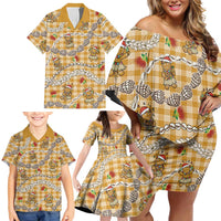 Gold Palaka Hawaii Mele Kalikimaka Family Matching Off Shoulder Short Dress and Hawaiian Shirt Ohia Lehua Shell Leis Funny Gingerbread Santa - Polynesian Pride