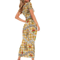 Gold Palaka Hawaii Mele Kalikimaka Family Matching Short Sleeve Bodycon Dress and Hawaiian Shirt Ohia Lehua Shell Leis Funny Gingerbread Santa - Polynesian Pride