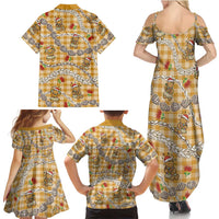 Gold Palaka Hawaii Mele Kalikimaka Family Matching Summer Maxi Dress and Hawaiian Shirt Ohia Lehua Shell Leis Funny Gingerbread Santa - Polynesian Pride