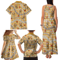 Gold Palaka Hawaii Mele Kalikimaka Family Matching Tank Maxi Dress and Hawaiian Shirt Ohia Lehua Shell Leis Funny Gingerbread Santa - Polynesian Pride