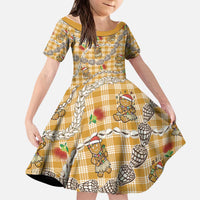 Gold Palaka Hawaii Mele Kalikimaka Kid Short Sleeve Dress Ohia Lehua Shell Leis Funny Gingerbread Santa - Polynesian Pride