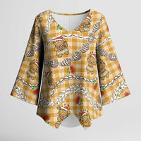 Gold Palaka Hawaii Mele Kalikimaka Kimono Sleeve Blouse Ohia Lehua Shell Leis Funny Gingerbread Santa - Polynesian Pride