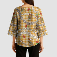 Gold Palaka Hawaii Mele Kalikimaka Kimono Sleeve Blouse Ohia Lehua Shell Leis Funny Gingerbread Santa - Polynesian Pride