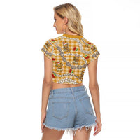 Gold Palaka Hawaii Mele Kalikimaka Raglan Cropped T Shirt Ohia Lehua Shell Leis Funny Gingerbread Santa LT14 - Polynesian Pride