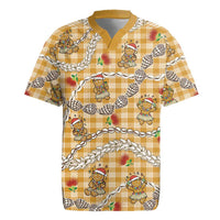 Gold Palaka Hawaii Mele Kalikimaka Rugby Jersey Ohia Lehua Shell Leis Funny Gingerbread Santa - Polynesian Pride