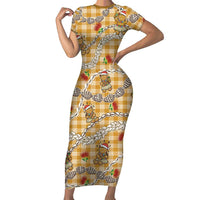 Gold Palaka Hawaii Mele Kalikimaka Short Sleeve Bodycon Dress Ohia Lehua Shell Leis Funny Gingerbread Santa - Polynesian Pride