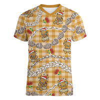 Gold Palaka Hawaii Mele Kalikimaka Women V-Neck T-Shirt Ohia Lehua Shell Leis Funny Gingerbread Santa - Polynesian Pride