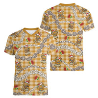 Gold Palaka Hawaii Mele Kalikimaka Women V-Neck T-Shirt Ohia Lehua Shell Leis Funny Gingerbread Santa - Polynesian Pride