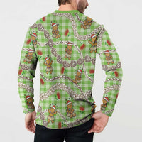 Green Palaka Hawaii Mele Kalikimaka Button Sweatshirt Ohia Lehua Shell Leis Funny Gingerbread Santa - Polynesian Pride