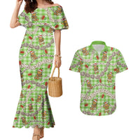 Green Palaka Hawaii Mele Kalikimaka Couples Matching Mermaid Dress and Hawaiian Shirt Ohia Lehua Shell Leis Funny Gingerbread Santa - Polynesian Pride