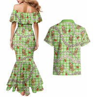 Green Palaka Hawaii Mele Kalikimaka Couples Matching Mermaid Dress and Hawaiian Shirt Ohia Lehua Shell Leis Funny Gingerbread Santa - Polynesian Pride