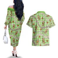 Green Palaka Hawaii Mele Kalikimaka Couples Matching Off The Shoulder Long Sleeve Dress and Hawaiian Shirt Ohia Lehua Shell Leis Funny Gingerbread Santa - Polynesian Pride