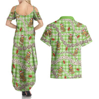Green Palaka Hawaii Mele Kalikimaka Couples Matching Summer Maxi Dress and Hawaiian Shirt Ohia Lehua Shell Leis Funny Gingerbread Santa - Polynesian Pride