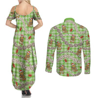 Green Palaka Hawaii Mele Kalikimaka Couples Matching Summer Maxi Dress and Long Sleeve Button Shirt Ohia Lehua Shell Leis Funny Gingerbread Santa - Polynesian Pride