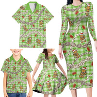 Green Palaka Hawaii Mele Kalikimaka Family Matching Long Sleeve Bodycon Dress and Hawaiian Shirt Ohia Lehua Shell Leis Funny Gingerbread Santa - Polynesian Pride