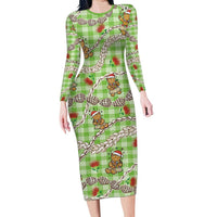 Green Palaka Hawaii Mele Kalikimaka Family Matching Long Sleeve Bodycon Dress and Hawaiian Shirt Ohia Lehua Shell Leis Funny Gingerbread Santa - Polynesian Pride