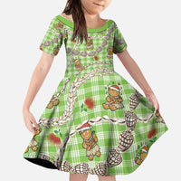Green Palaka Hawaii Mele Kalikimaka Family Matching Off The Shoulder Long Sleeve Dress and Hawaiian Shirt Ohia Lehua Shell Leis Funny Gingerbread Santa - Polynesian Pride